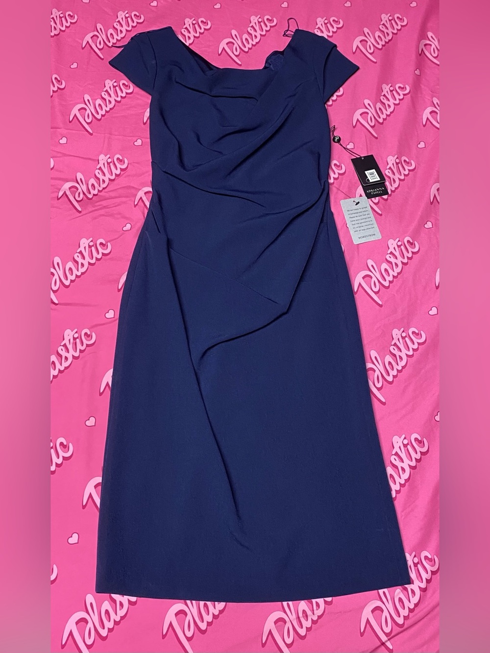NWT Adrianna Papell Off The Shoulder Neck Ruched Scrunched Bodice Midi Dress